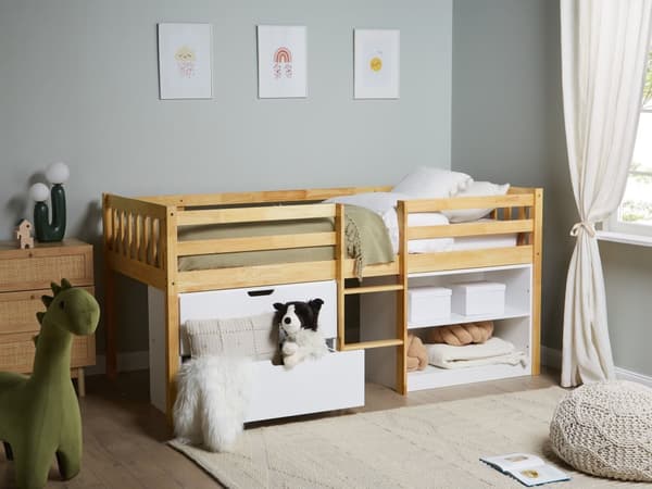 Barnsäng Ljust Trä 90 x 200 cm Lamellram Lådor Hyllor Säng för Småbarn