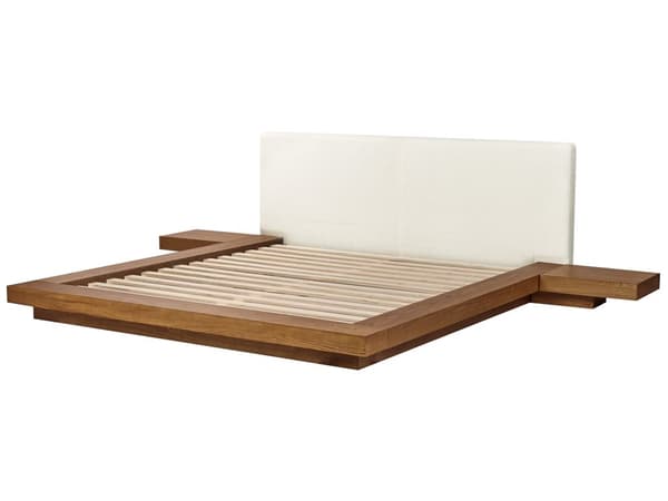 Sengeramme Lyst tre 180 x 200 cm Sengegavl i hvit bouclé Integrerte nattbord Lav profil Japansk stil Dobbeltseng Soverom