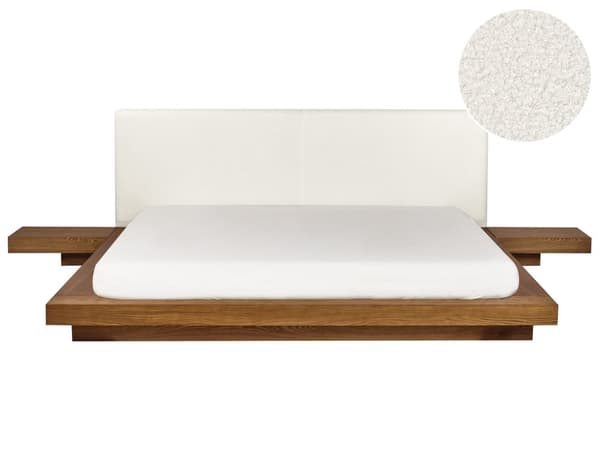 Sengeramme Lyst tre 180 x 200 cm Sengegavl i hvit bouclé Integrerte nattbord Lav profil Japansk stil Dobbeltseng Soverom