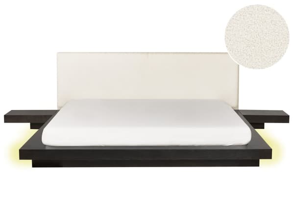 Dobbeltseng med LED-lys Mørkt tre MDF 180 x 200 cm Sengegavl i bouclé Integrerte nattbord Japansk og moderne stil Soverom Sengeramme