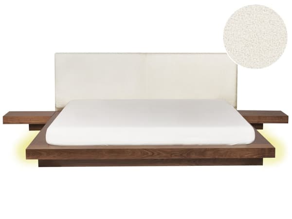 Dobbeltseng med LED-lys Brun MDF 180 x 200 cm Sengegavl i bouclé Integrerte nattbord Japansk og moderne stil Soverom Sengeramme