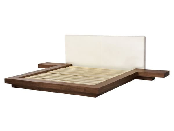 Dobbeltseng med LED-lys Brun MDF 160 x 200 cm Sengegavl i bouclé Integrerte nattbord Japansk og moderne stil Soverom Sengeramme