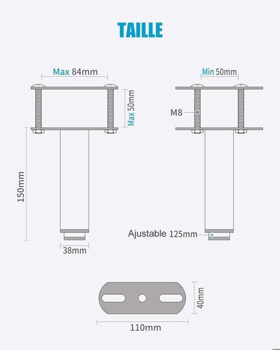 Universal bäddfot för lamellbotten utan borrning | Höjd: 15cm(+12,5cm) Justerbar | Svart | Metallic | Rund 3,8cm| 2 st