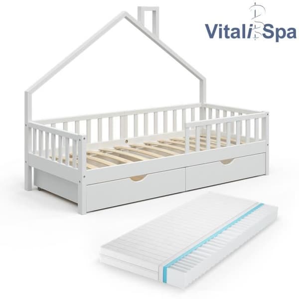 VitaliSpa Noemi barnhyttsäng - VICCO varumärke - 90x200cm - Massivt trä - Med låda och madrass