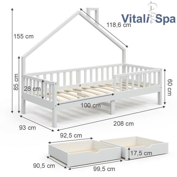 VitaliSpa Noemi barnhyttsäng - VICCO märke - 90x200cm - Massivt trä - Lådor - Anti-fall barriär