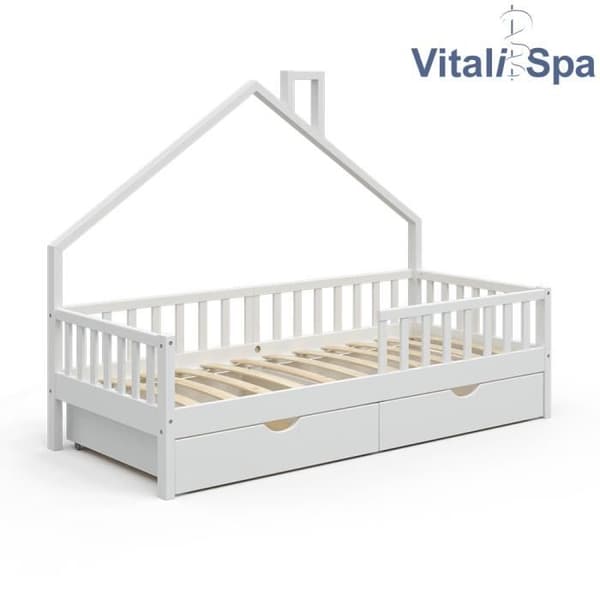 VitaliSpa Noemi barnhyttsäng - VICCO märke - 90x200cm - Massivt trä - Lådor - Anti-fall barriär