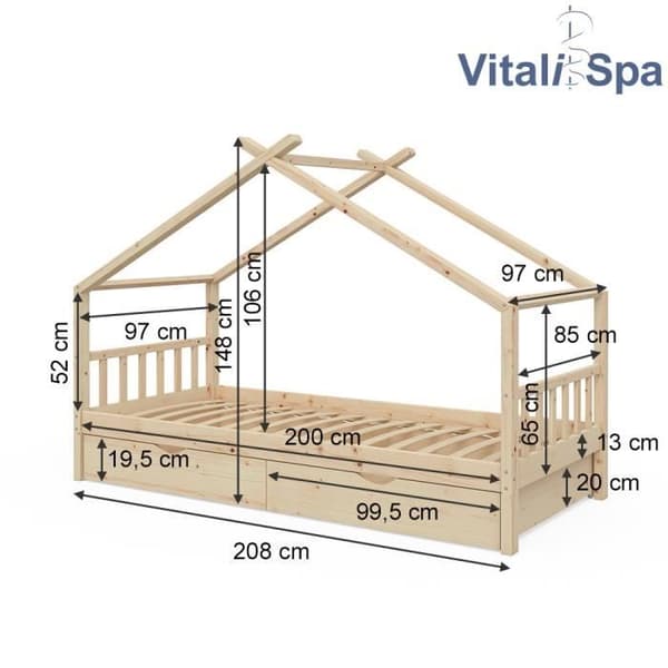 VitaliSpa Barnsäng Gästsäng Hyttsäng Naturlig design 90 x 200 cm Lådor Lamellbotten