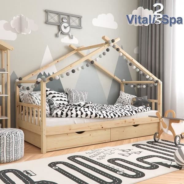 VitaliSpa Barnsäng Gästsäng Hyttsäng Naturlig design 90 x 200 cm Lådor Lamellbotten