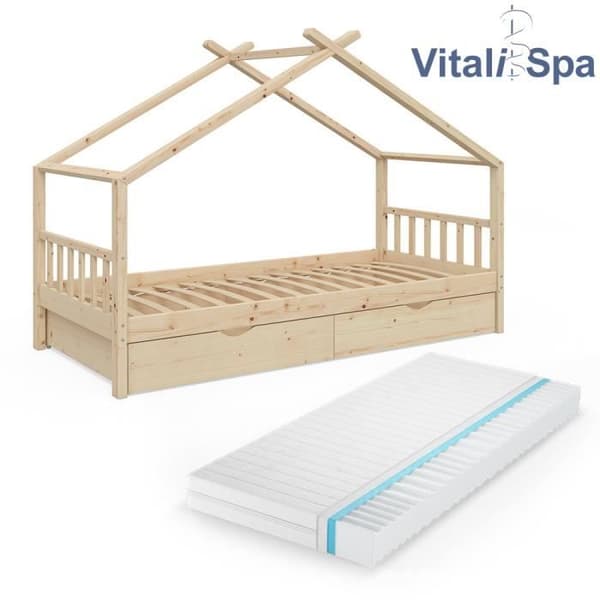 VitaliSpa Barnsäng Gästsäng Hyttsäng Naturlig design 90 x 200 cm Lådor Lamellbotten (madrass)