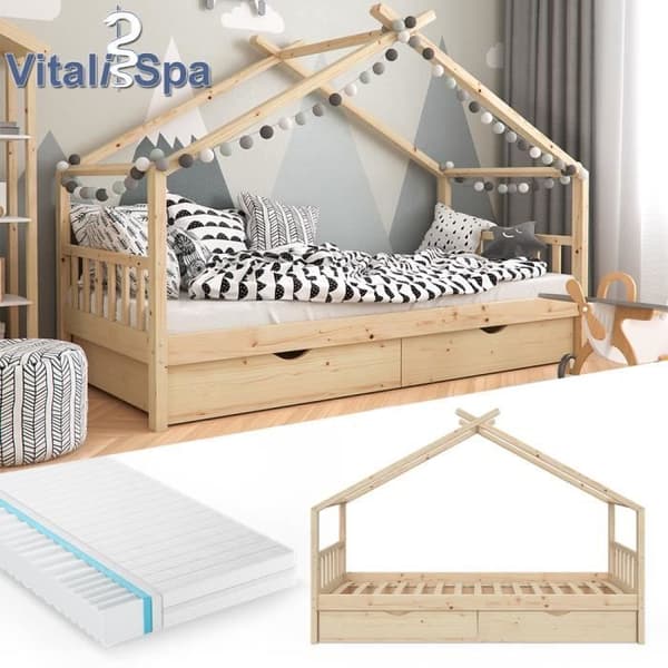 VitaliSpa Barnsäng Gästsäng Hyttsäng Naturlig design 90 x 200 cm Lådor Lamellbotten (madrass)