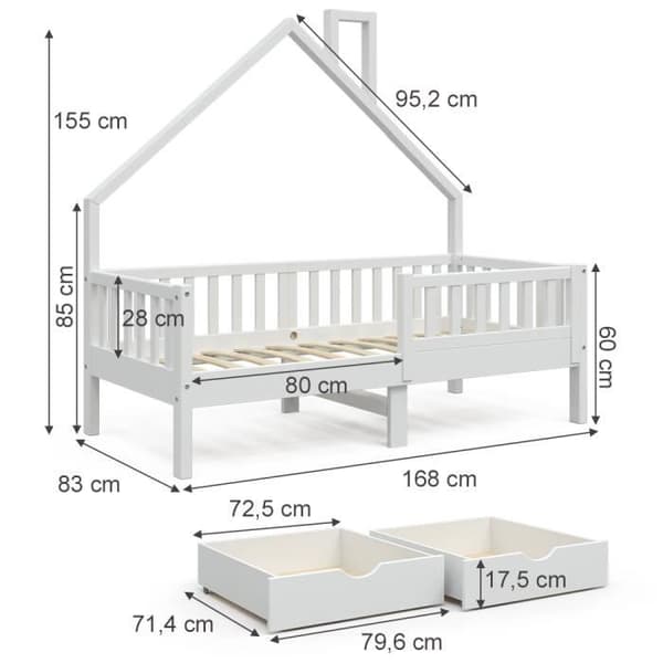 VitaliSpa Noemi hyttsäng, barnsäng, lekplatssäng, 80 x 160 cm, med lådor, antifallbarriär