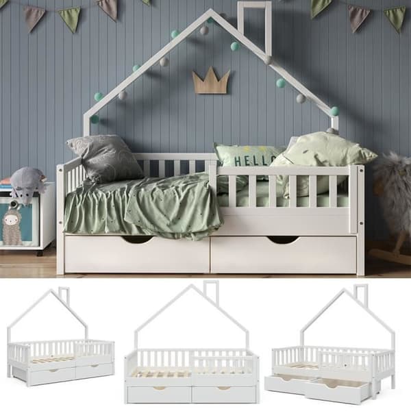 VitaliSpa Noemi hyttsäng, barnsäng, lekplatssäng, 80 x 160 cm, med lådor, antifallbarriär