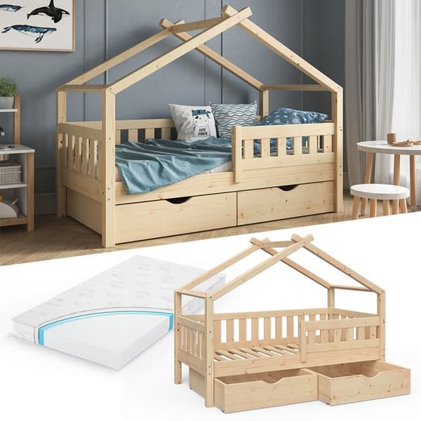 Vitalispa Designer kabinsäng, naturligt trä, 80x160 cm med 2 lådor och madrass