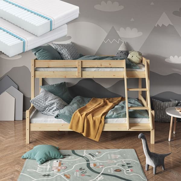 Vitalispa Everest våningssäng, naturligt trä, 120x200 / 80x200 cm med 2 madrasser
