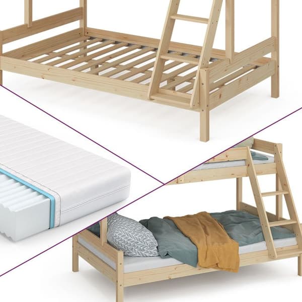 Vitalispa Everest våningssäng, naturligt trä, 120x200 / 80x200 cm med 2 madrasser
