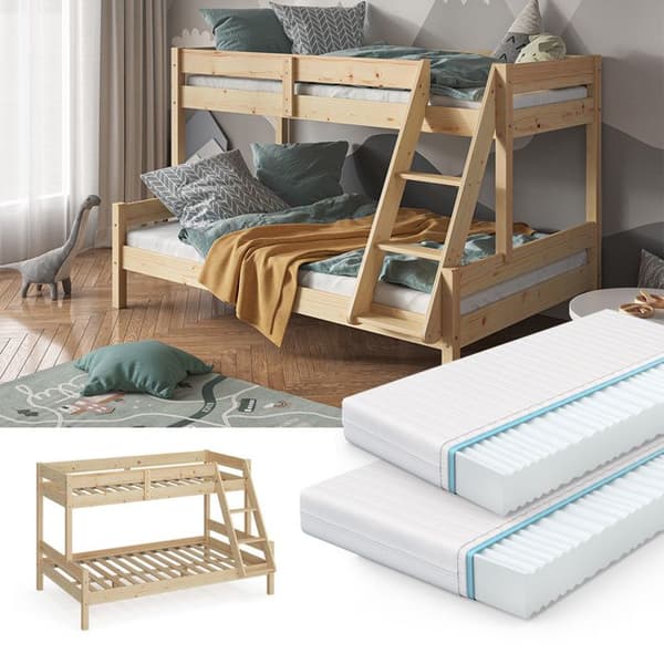 Vitalispa Everest våningssäng, naturligt trä, 120x200 / 80x200 cm med 2 madrasser