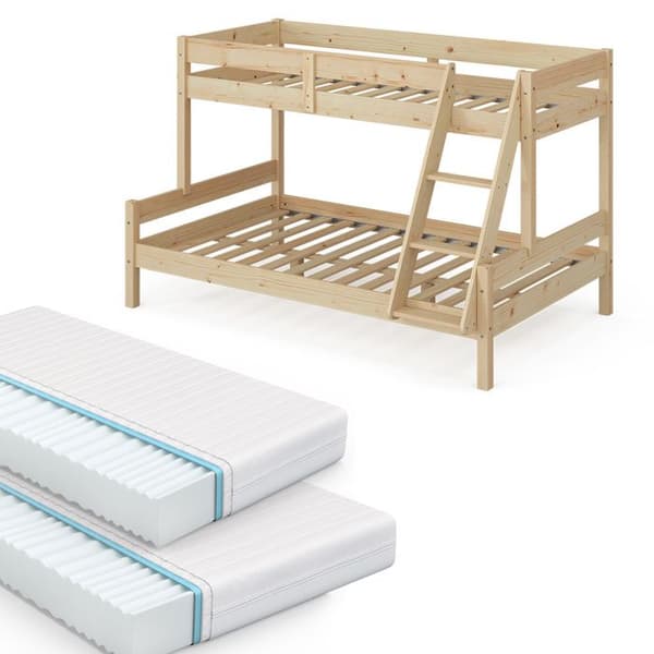 Vitalispa Everest våningssäng, naturligt trä, 120x200 / 80x200 cm med 2 madrasser
