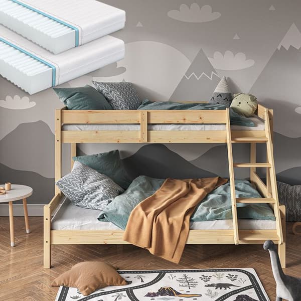 Vitalispa Everest våningssäng, Naturträ, 140x200 / 90x200 cm med 2 madrasser