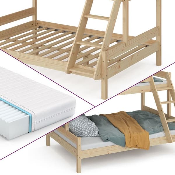 Vitalispa Everest våningssäng, Naturträ, 140x200 / 90x200 cm med 2 madrasser