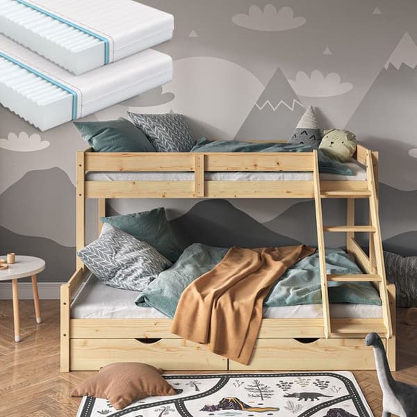 Vitalispa Everest våningssäng, Naturträ, 140x200 / 90x200 cm med 2 madrasser och 2 lådor