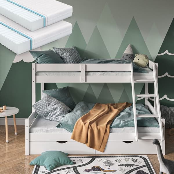 Vitalispa Everest våningssäng, Vit, 140x200 / 90x200 cm med 2 madrasser och 2 lådor