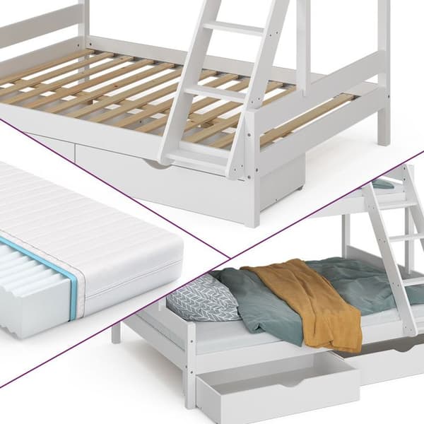 Vitalispa Everest våningssäng, Vit, 140x200 / 90x200 cm med 2 madrasser och 2 lådor