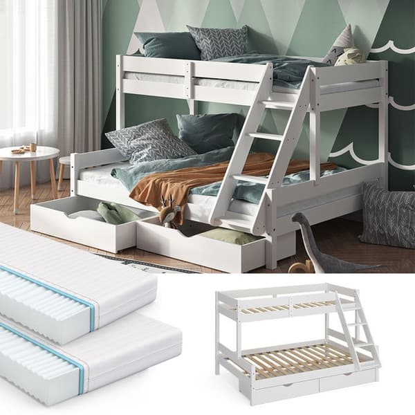 Vitalispa Everest våningssäng, Vit, 140x200 / 90x200 cm med 2 madrasser och 2 lådor