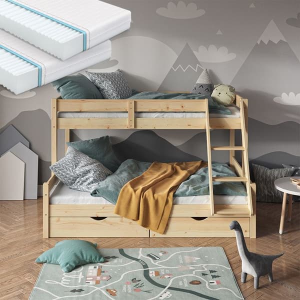 Vitalispa Everest våningssäng, Naturträ, 120x200 / 80x200 cm med 2 madrasser och 2 lådor