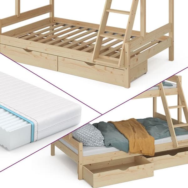 Vitalispa Everest våningssäng, Naturträ, 120x200 / 80x200 cm med 2 madrasser och 2 lådor