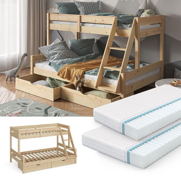 Vitalispa Everest våningssäng, Naturträ, 120x200 / 80x200 cm med 2 madrasser och 2 lådor