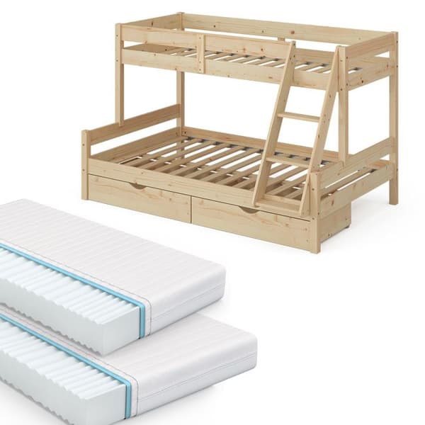 Vitalispa Everest våningssäng, Naturträ, 120x200 / 80x200 cm med 2 madrasser och 2 lådor