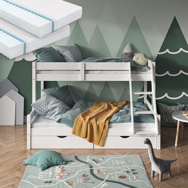Vitalispa Everest våningssäng, Vit, 120x200 / 80x200 cm med 2 madrasser och 2 lådor