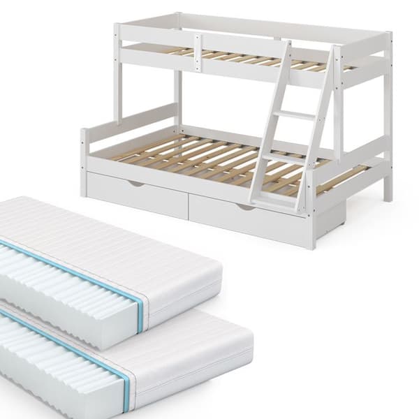 Vitalispa Everest våningssäng, Vit, 120x200 / 80x200 cm med 2 madrasser och 2 lådor