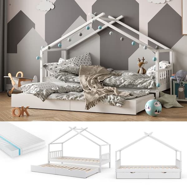 Design hemsäng, 90x200 cm med extrasäng och madrass, Vit, Vitalispa