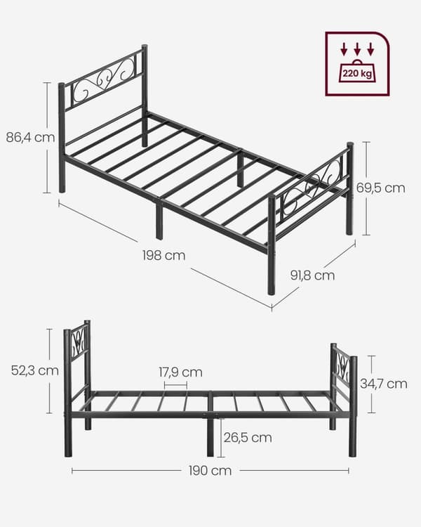 Rootz sort metal sengestel - pulverlakeret seng - robust konstruktion - 198 cm x 91,8 cm x 86,4 cm - 220 kg statisk belastningskapacitet