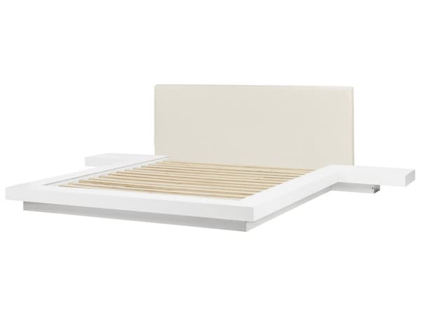 Seng Hvid Træ 160 x 200 cm Moderne Dobbeltseng med Sengegavl To Mands Lav Sengeramme LED Futon Minimalistisk Design Træseng Japansk