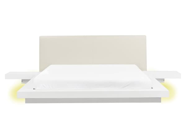 Seng Hvid Træ 160 x 200 cm Moderne Dobbeltseng med Sengegavl To Mands Lav Sengeramme LED Futon Minimalistisk Design Træseng Japansk
