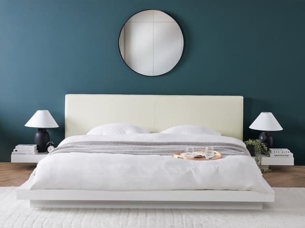 Seng Hvid Træ 180 x 200 cm Moderne Dobbeltseng med Sengegavl To Mands Lav Sengeramme LED Futon Minimalistisk Design Træseng Japansk