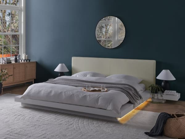 Seng Hvid Træ 180 x 200 cm Moderne Dobbeltseng med Sengegavl To Mands Lav Sengeramme LED Futon Minimalistisk Design Træseng Japansk