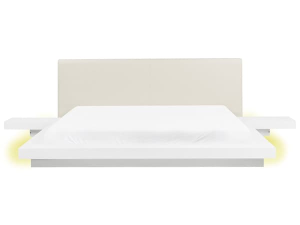 Seng Hvid Træ 180 x 200 cm Moderne Dobbeltseng med Sengegavl To Mands Lav Sengeramme LED Futon Minimalistisk Design Træseng Japansk