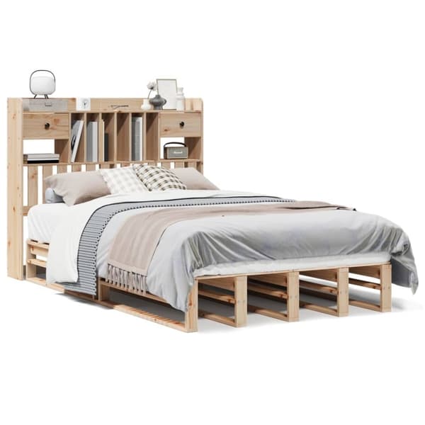 vidaXL Säng med bokhylla utan madrass 135x190cm massiv furu