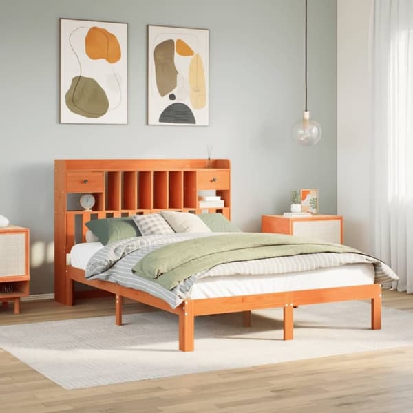 vidaXL seng med reol uden madras 140x190cm massivt fyrretræ gyldenbrun