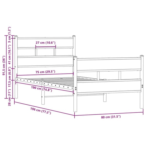 vidaXL sengeramme m. sengegavl 75x190 cm uden madras brunt eg