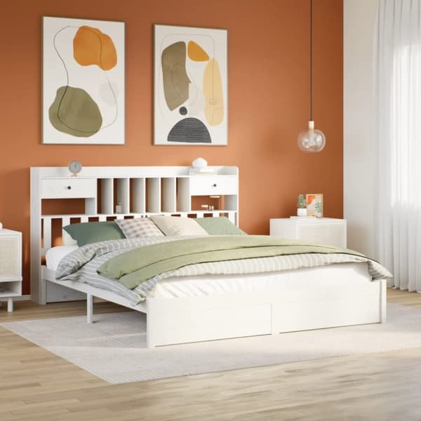 vidaXL Seng med bokhylle uten madrass hvit 200x200 cm heltre furu