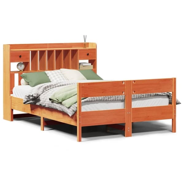 vidaXL Seng med bokhylle uten madrass voksbrun 135x190 cm heltre furu