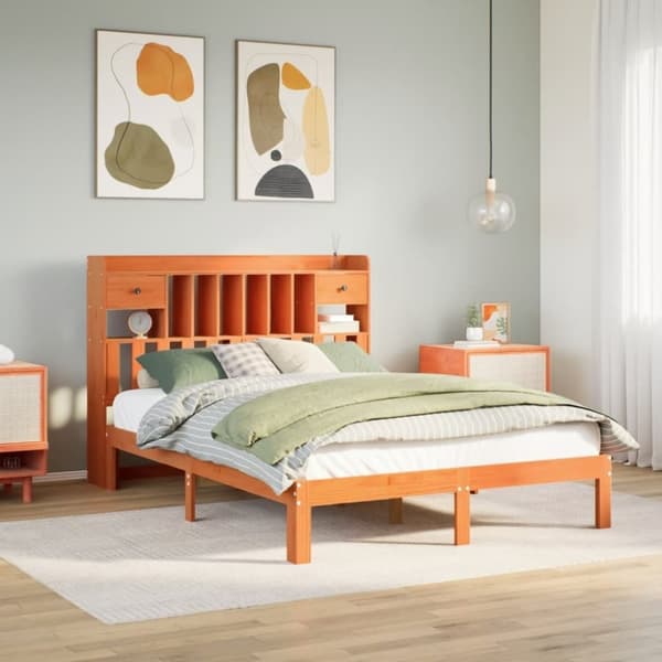 vidaXL seng med reol uden madras 140x200cm massivt fyrretræ gyldenbrun