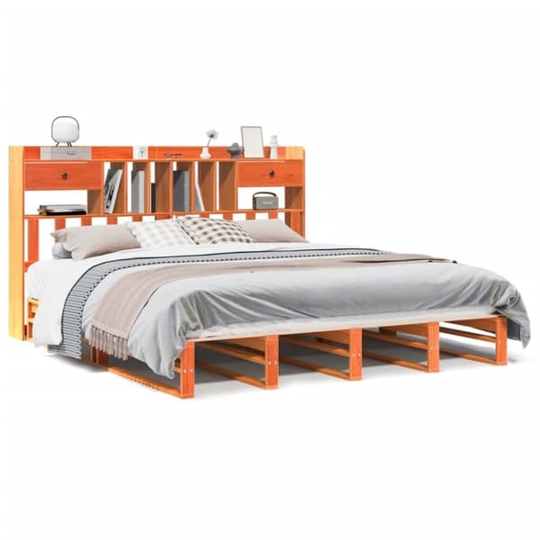 vidaXL seng med reol uden madras 200x200cm massivt fyrretræ gyldenbrun