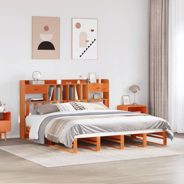 vidaXL seng med reol uden madras 200x200cm massivt fyrretræ gyldenbrun