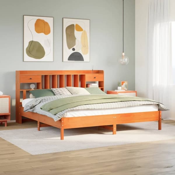 vidaXL Seng med bokhylle uten madrass voksbrun 180x200 cm heltre furu
