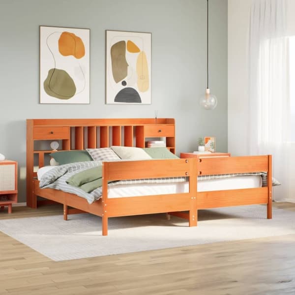 vidaXL Seng med bokhylle uten madrass voksbrun 180x200 cm heltre furu
